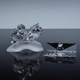 2pc Swarovski Crystal Figurine, Turtledoves + Plaque