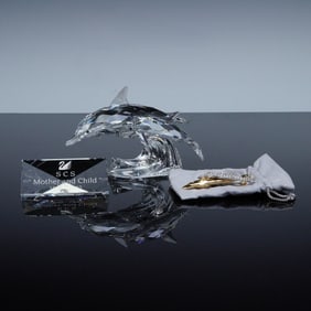3pc Swarovski Crystal Figurine, Dolphins Mother and Child + Plaque and Pin