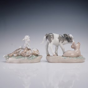 2pc Lladro Porcelain Figurines, Leopard and Lamb 6926 & Calf and Lion 6927