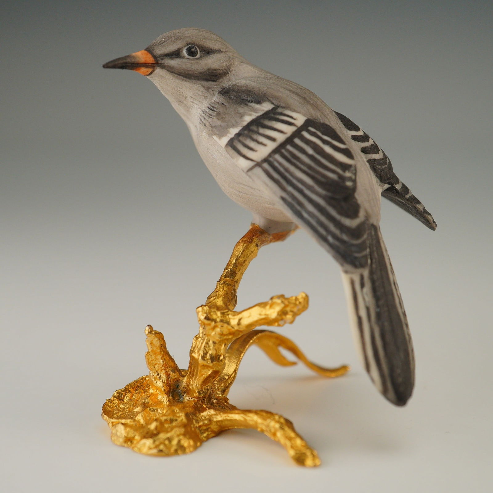 Boehm Miniature Porcelain Figurine, Mockingbird  Perched on Gold Base (1 of 5)
