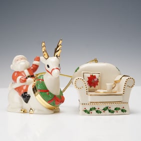 2pc Lenox Porcelain Ornaments. Santa and Reindeer Hinged Box, Chair