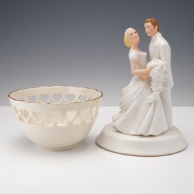 2pc Lenox Opal Innocence Bride and Groom Cake Topper with Heart-Detail Bowl