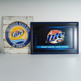 Pair of Miller Lite Advertising Mirror and Wood Signs