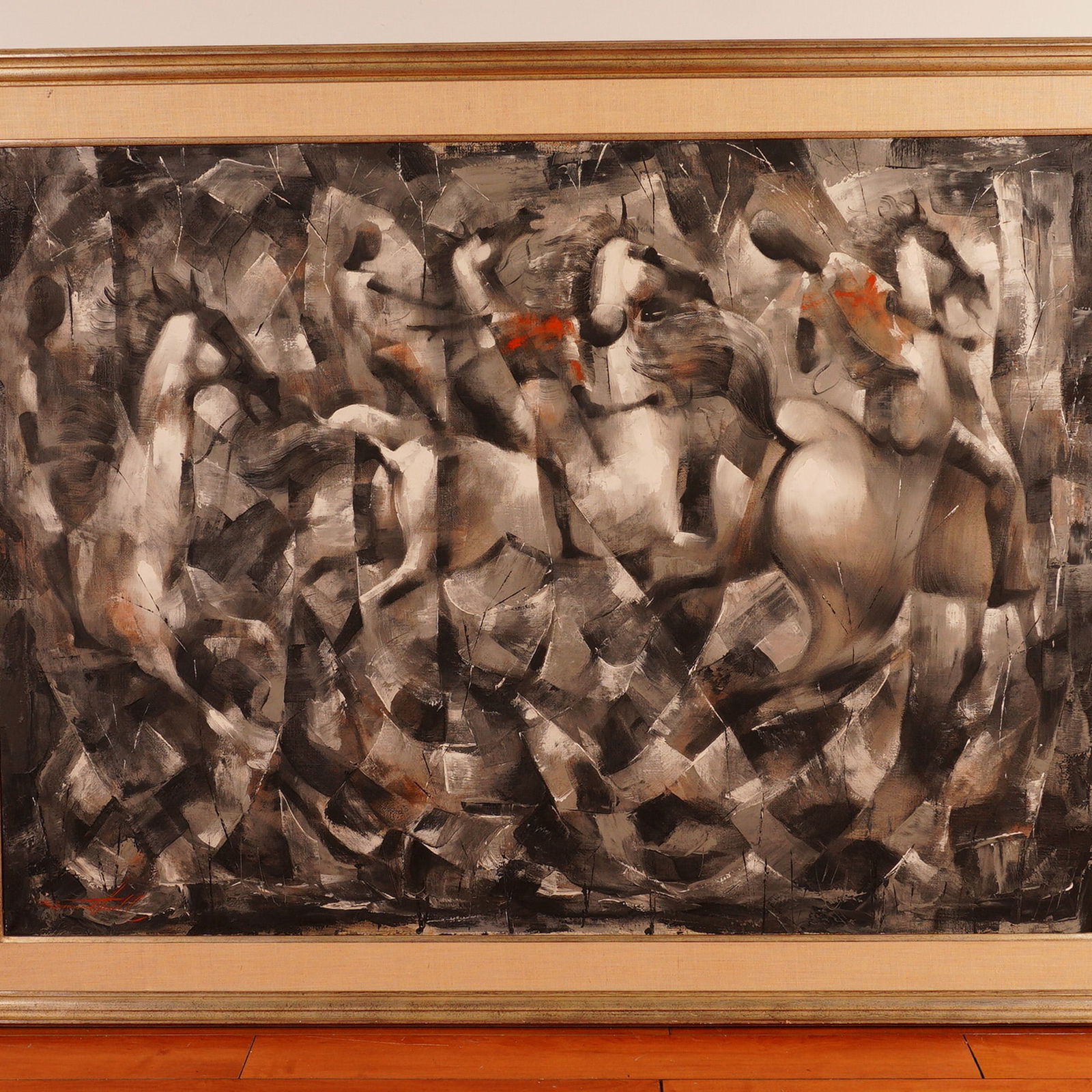 Raymond Howell (American 1929-2002) Oil on Canvas, I Must Go, Signed: This large-scale oil on canvas painting by Raymond Howell depicts a dynamic and abstracted equestrian scene rendered in expressive earth tones with accents of red. Howell's composition evokes motion a