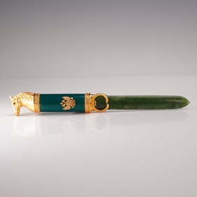 Russian Faberge Style Gilt Silver and Nephrite Letter Opener