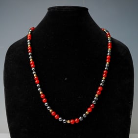 Vintage Carnelian Agate and Hematite and 14K Yellow Gold Beaded Necklace