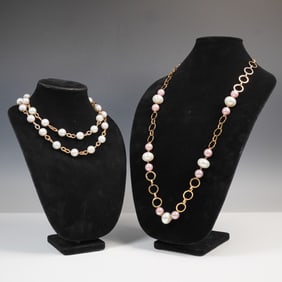 2pc Gold Tone Link Necklaces with Simulated Pearls