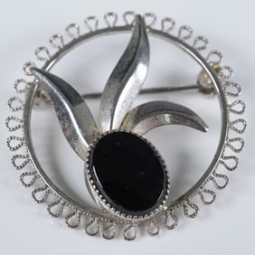 Sterling Silver Floral Brooch with Black Onyx