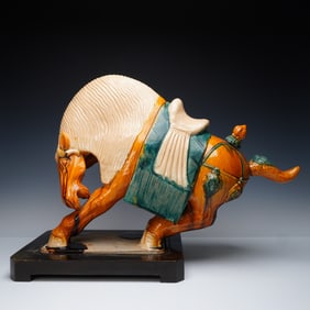 Tang Style Glazed Ceramic Horse Sculpture on Wooden Base