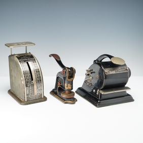 3pc Vintage Office Devices, Protectograph, Letter Scale and Seal Press