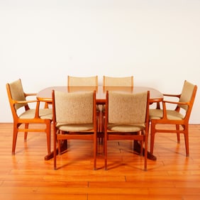 8pc Mid Century Danish Style Teak Dining Set w/ Leaf and Beige Upholstery