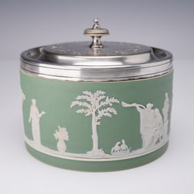 Wedgwood Green Jasperware and Silver Plate Covered Jar