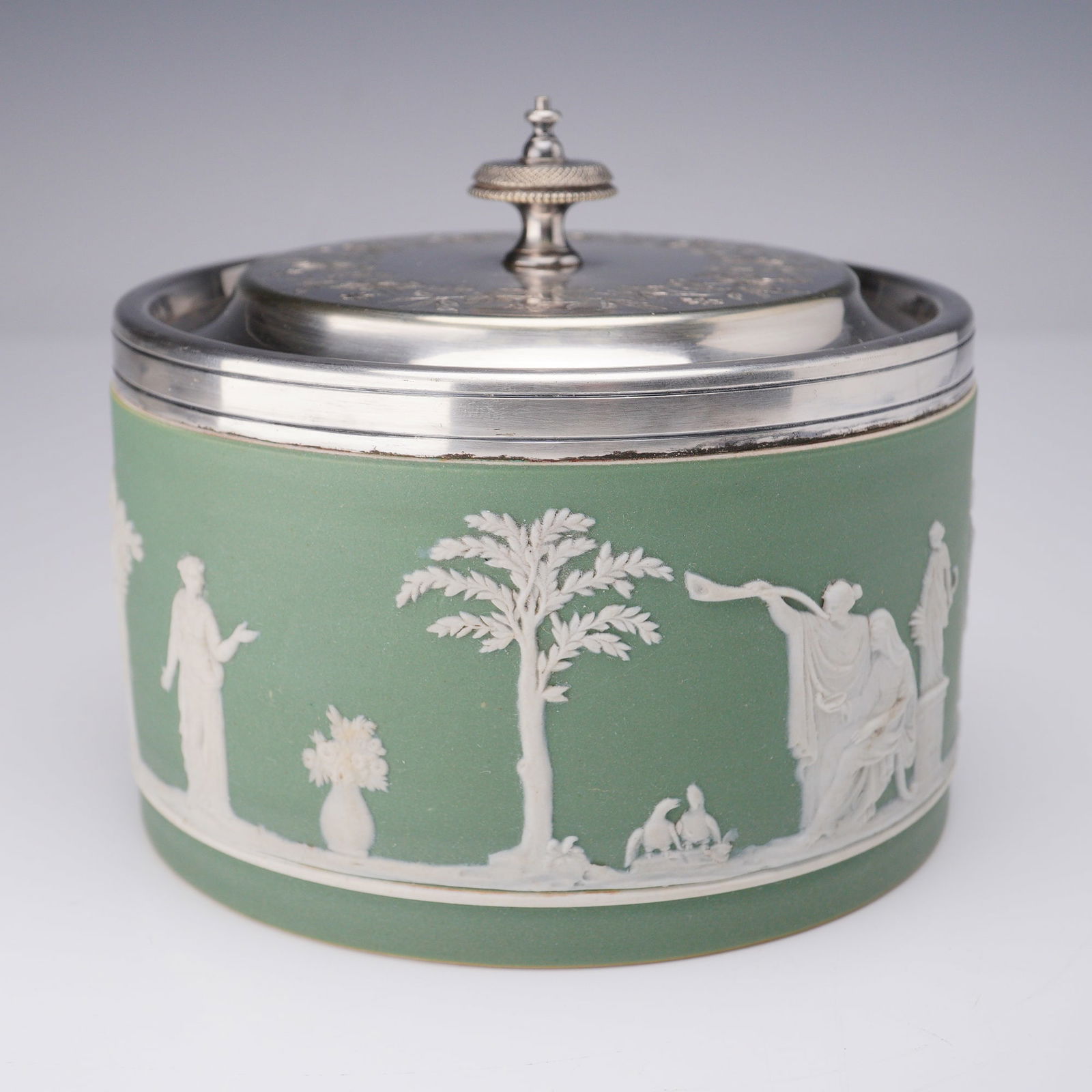 Wedgwood Green Jasperware and Silver Plate Covered Jar (1 of 6)
