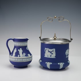 2pc Wedgwood Blue Jasperware Pitcher and Biscuit Jar with Lid