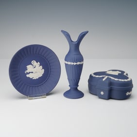 3pc Wedgwood Blue Jasperware Vase, Pin Tray, and Lidded Box