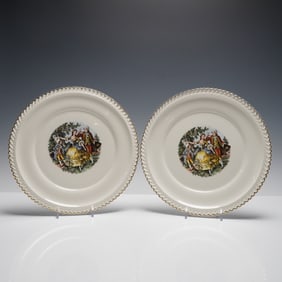 2pc The Hacker Pottery Plates, 22KT Gold Rim Courting Scene