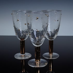 3pc Stephen Smyers Morocco Gold Dot Art Glass Goblets, Signed