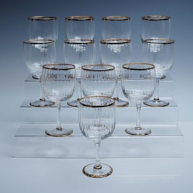 12pc Ribbed Glass Goblets with Gold Trim