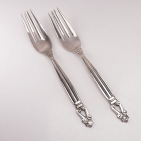 2pc Georg Jensen Sterling Silver Dinner Forks, Acorn