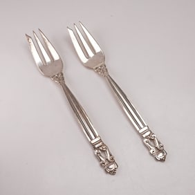 2pc Georg Jensen Sterling Silver Pastry Forks, Acorn