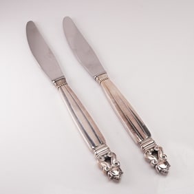 2pc Georg Jensen Sterling Silver Stainless Steel Dinner Knives, Acorn