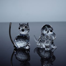 2pc Swarovski Crystal Miniature Figurines, Dog and Cat