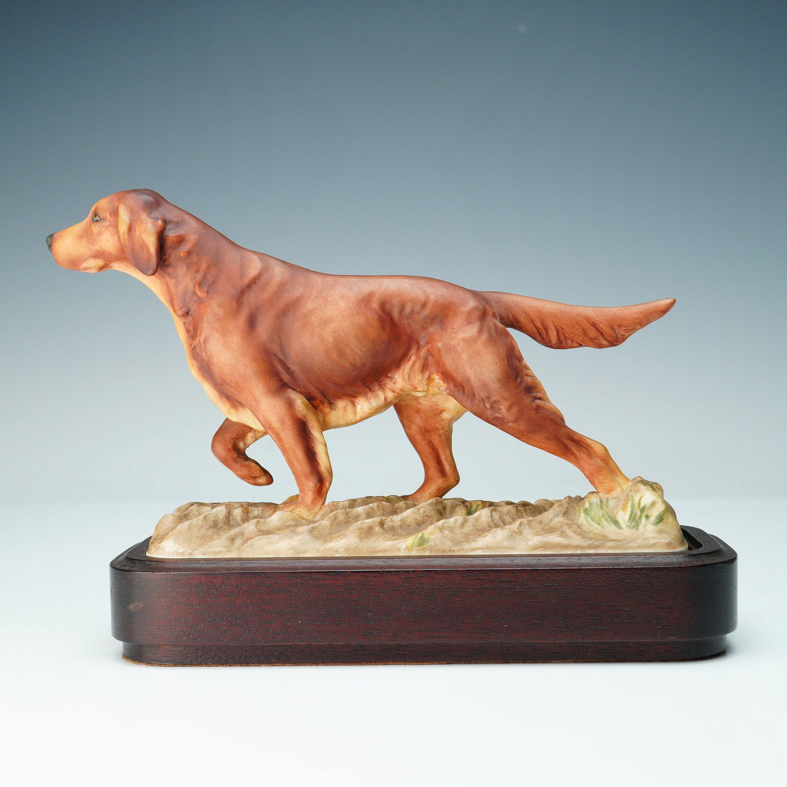 Royal Worcester Figurine, Irish Setter in Base: Finely modelled Royal Worcester porcelain figurine depicting an Irish Setter, part of the Sporting Dogs series, modelled by Doris Lindner and dated 1975. The piece captures the elegant stance and natu