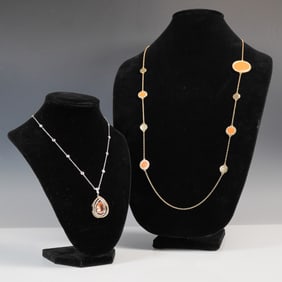 2pc Necklace Grouping, Sterling Silver Drop Pendant and Long Station Chain