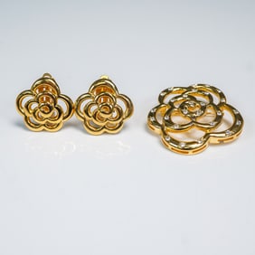 3pc Gold Tone Floral Brooch and Landau Earrings Set