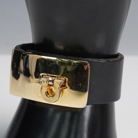 Black Leather and Gold Tone Buckle Cuff Bracelet