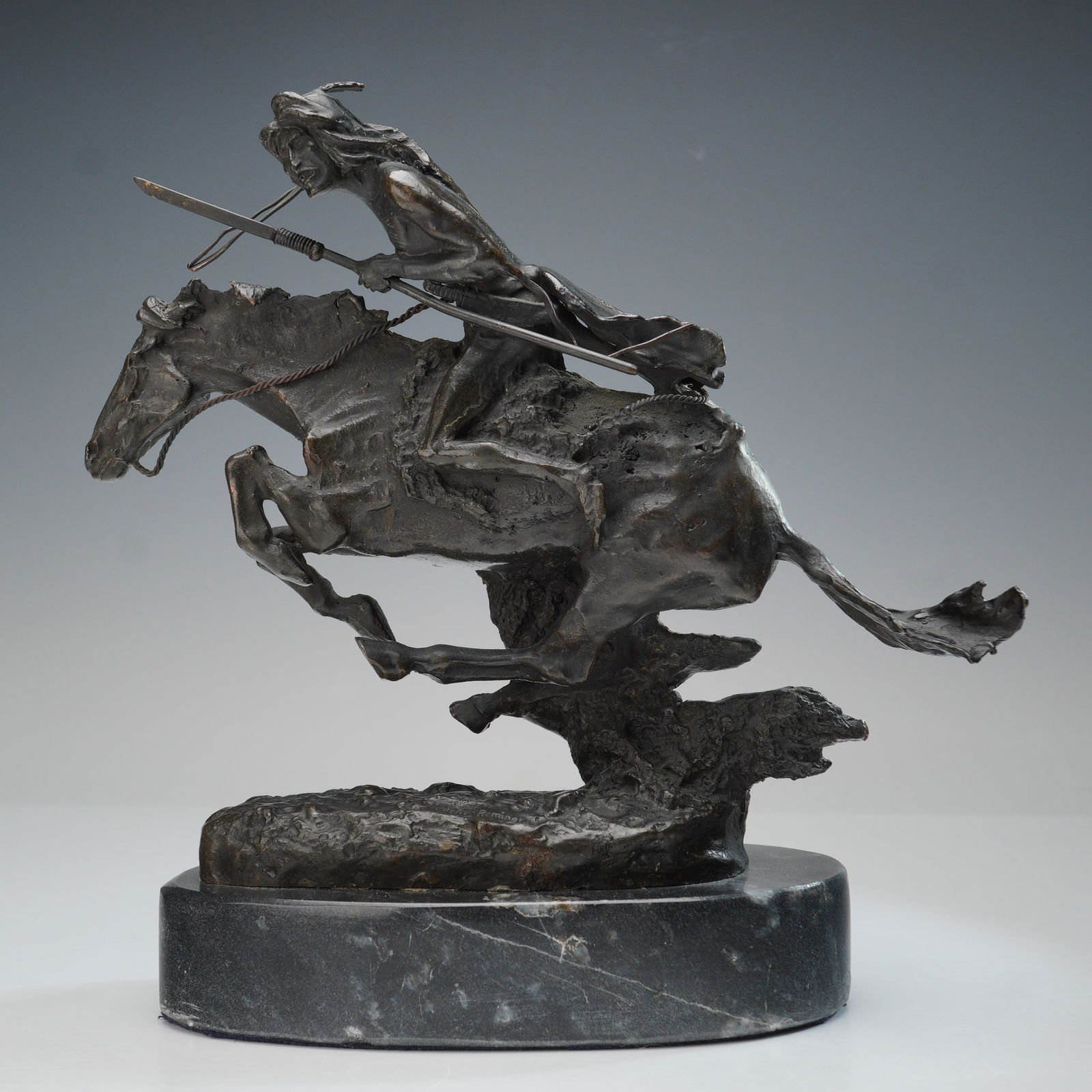 Frederic Remington, Small Bronze Sculpture on Marble Base, Cheyenne, Signed (1 of 6)