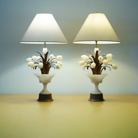 Pair of Richard Plumer Alabaster Floral Table Lamps