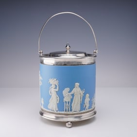 Wedgwood Blue Jasperware Biscuit Barrel with Silver Plate Mounts