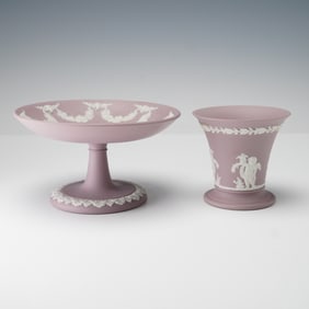 2pc Wedgwood Lilac Jasperware Compote and Vase