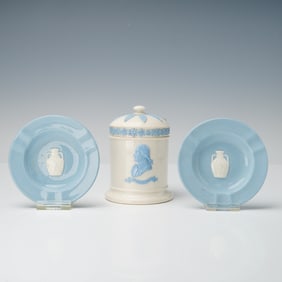 3pc Wedgwood Blue and Cream Commemorative Jar and Ashtray