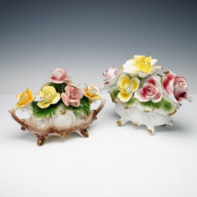 2pc Nuova Capodimonte & Capodimonte Gilt Floral Centerpieces