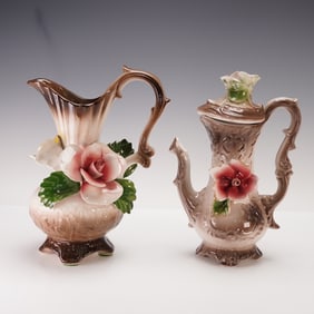 2pc Nuova Capodimonte &Capodimonte Italian Porcelain Pitcher w/Cover & Ewer