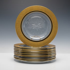 10pc Etched Glass Dinner Plates with Gilt Rim Decoration
