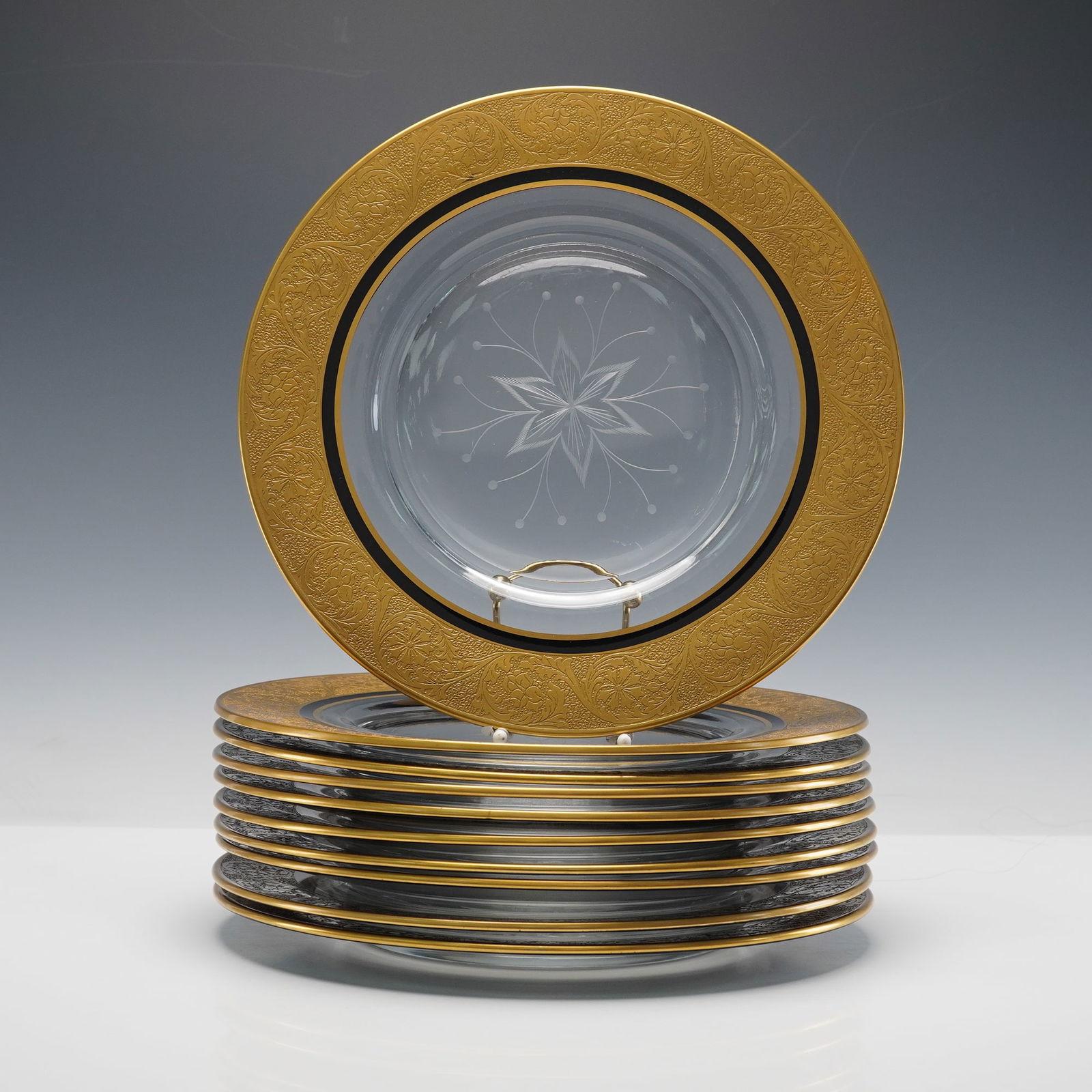 10pc Etched Glass Dinner Plates with Gilt Rim Decoration (1 of 5)
