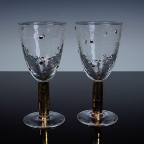 2pc Stephen Smyers Morocco Gold Dot Art Glass Goblets, Signed