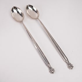 2pc Georg Jensen Sterling Silver Ice Tea Spoons, Acorn