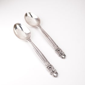 2pc Georg Jensen Sterling Silver Fruit Spoons, Acorn