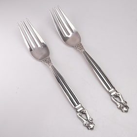 2pc Georg Jensen Sterling Silver Dinner Forks, Acorn