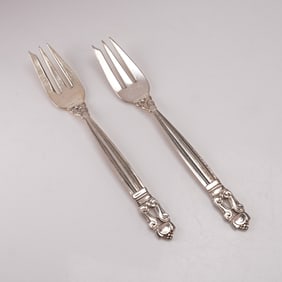 2pc Georg Jensen Sterling Silver Pastry Forks, Acorn