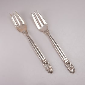2pc Georg Jensen Sterling Silver Pastry Forks, Acorn