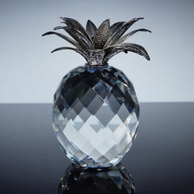 Swarovski Crystal Large Pineapple with Hammered Rhodium Leaves Figurine