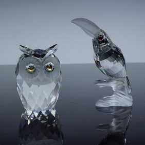2pc Swarovski Crystal Bird Figurines, Large Owl & Toucan