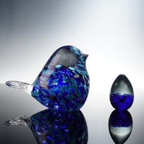 2pc Art Glass Bird and Teardrop Paperweights