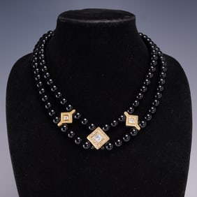 Black Beaded Necklace with Gold Tone Accents