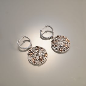 Pair of 14K Two-Tone Gold 0.52ctw Diamond Floral Dangle Earrings